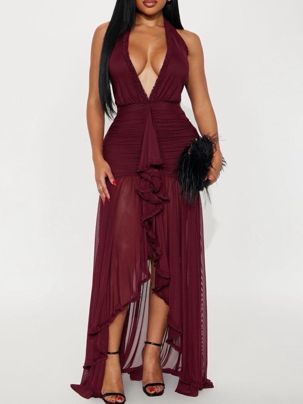 Fashion Nova Burgundy Halter Ruffle High-Low Mesh Maxi Dress
